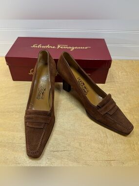 Salvatore Ferragamo Brown Suede Loafer Pump with Block Heel